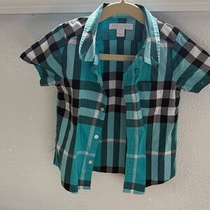 Burberry Teal and Black Plaid Short-Sleeve Button-Down Shirt